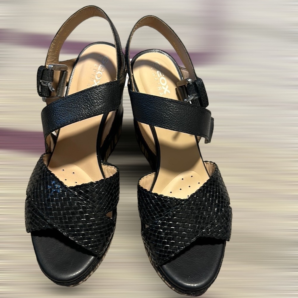 GEOX - Platform Wedge Sandals- Black Leather- NEW- from Italy